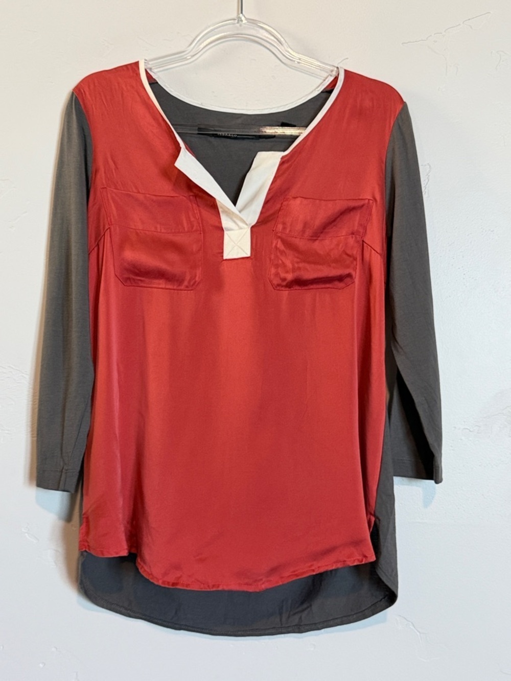 Women’s Red Front Gray Satin Tunic Top with Contrast Trim